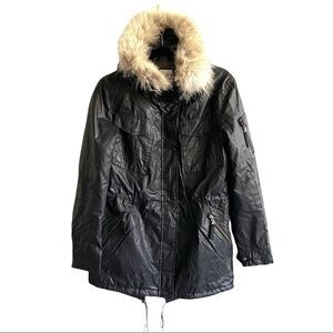 SAM NYC Black Faux Leather Winter Coat Fur Trimmed Hood Size S